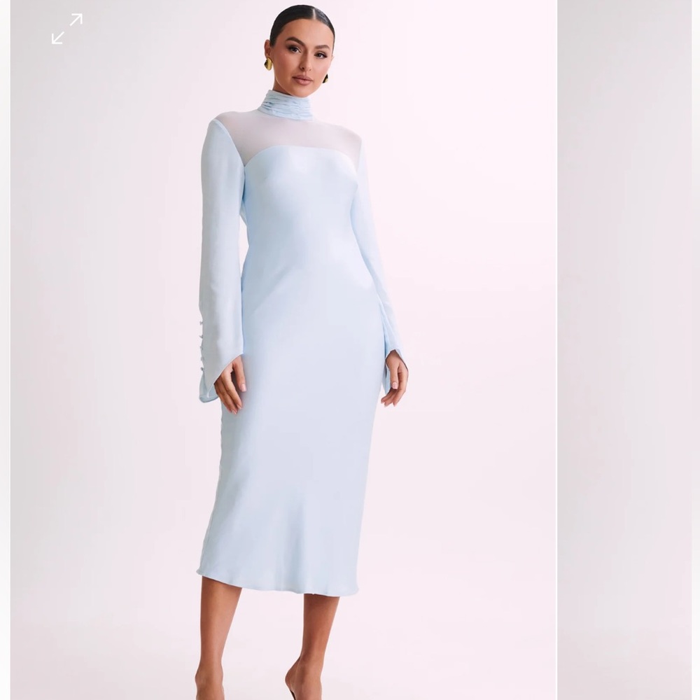 MESHKI Patricia High Neck Satin MIDI Dress Powder Blue